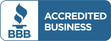 Blue and white logo with the text "BBB Accredited Business" and the Better Business Bureau flame symbol on the left.