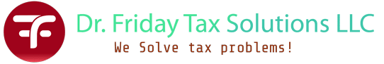 Dr-Logo Logo with a stylized white "F" on a red circle, followed by green gradient text and the tagline "We solve tax problems." in orange on a black background.